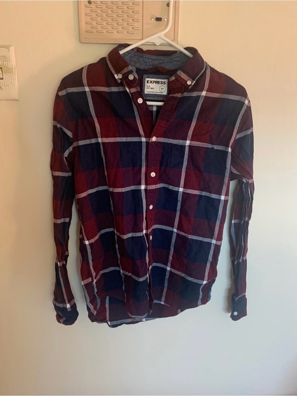 Express Men's Burgundy & Navy Plaid Button-Down Shirt